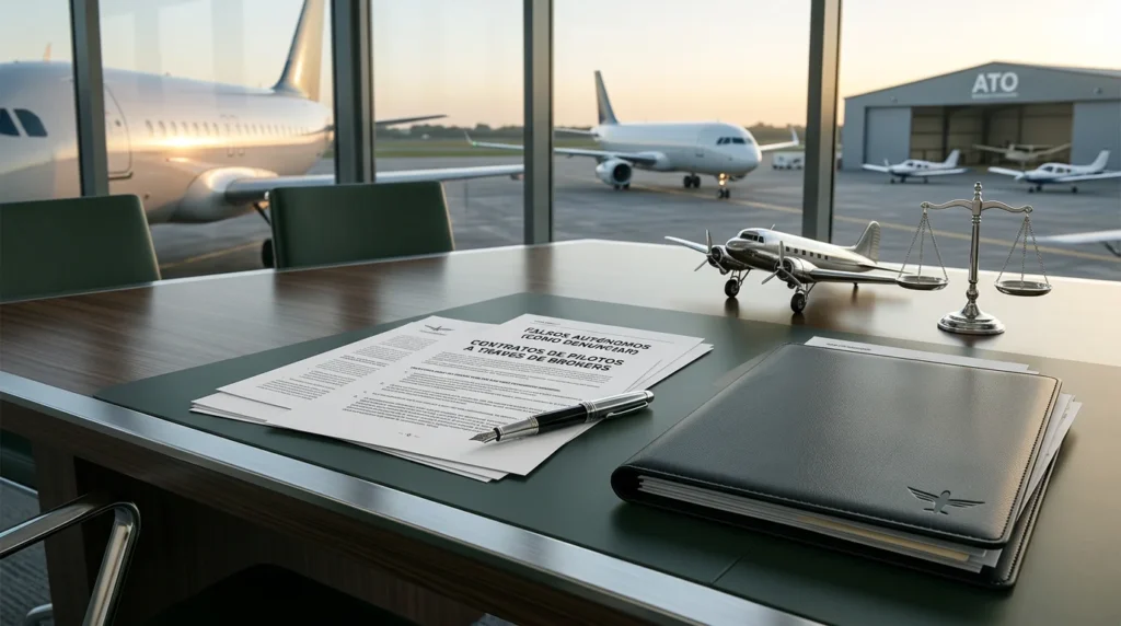 Piloto en cabina de mando revisando documentación legal aeronáutica